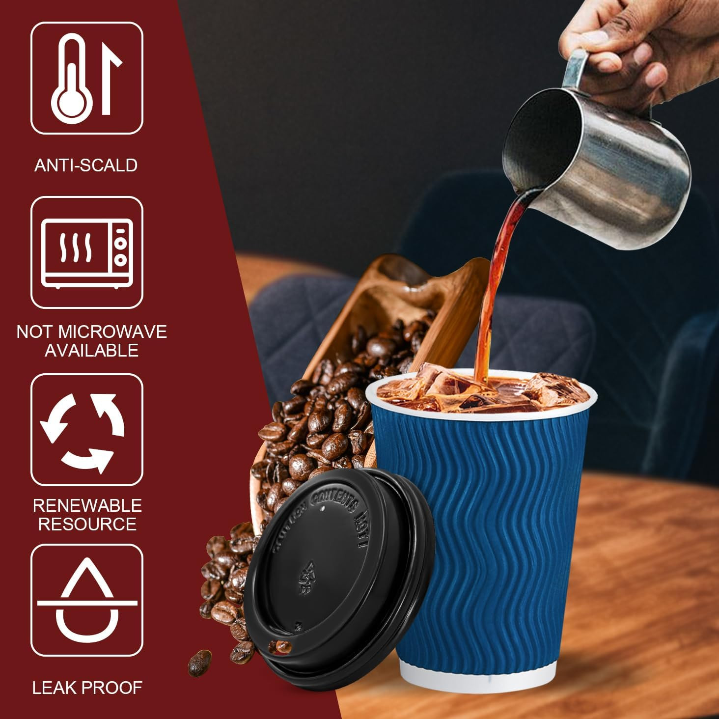 12 OZ Disposable Coffee Cups with Lids 50 Pack, Hot Paper Insulated Corrugated R