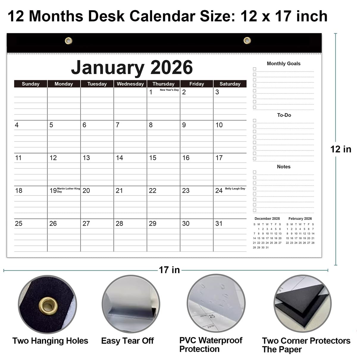 Desk Calendar 2026-12 Months from January 2026 to 17″ x 12″, Black