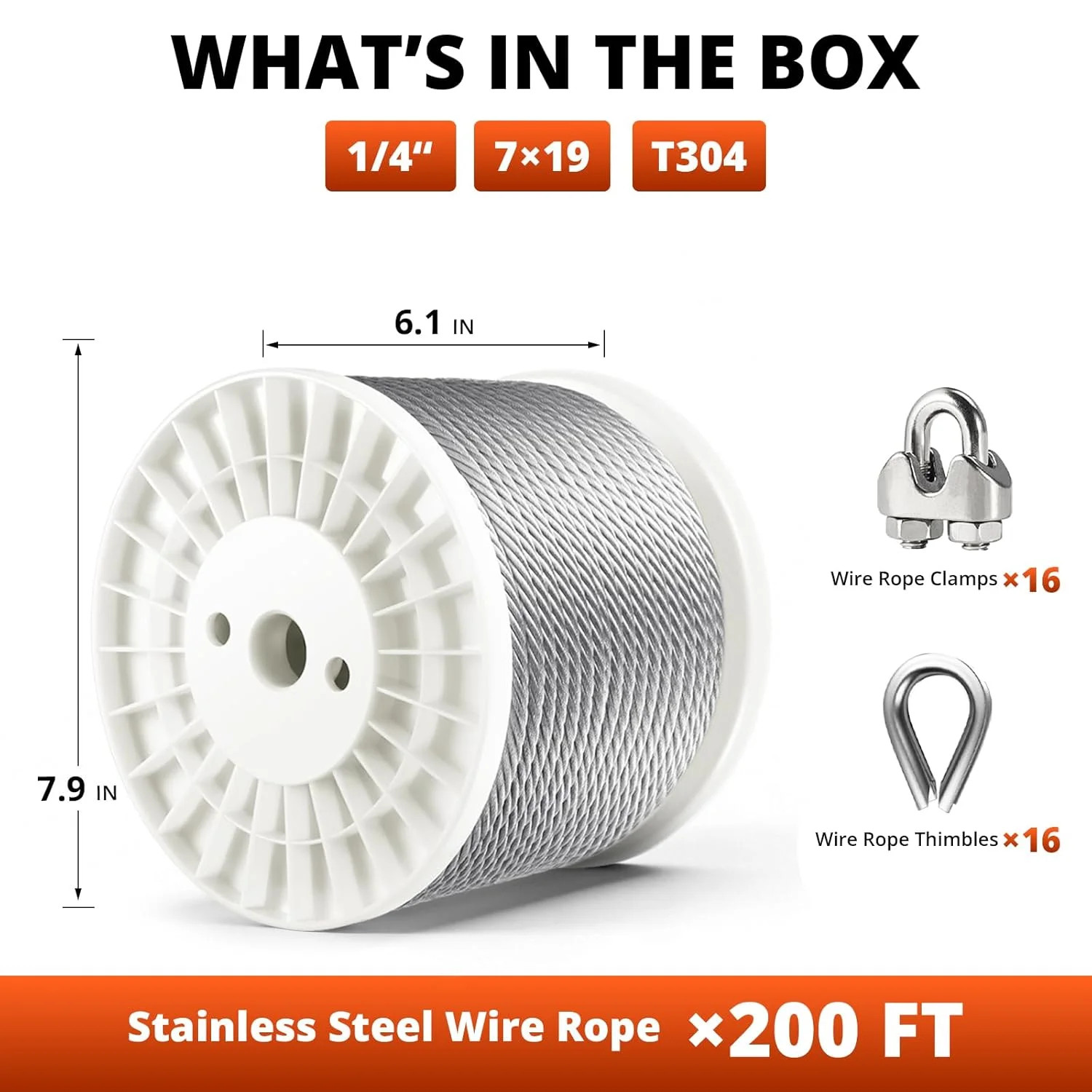 200FT 1/4″ Thickened Stainless Steel Cable Wire Rope, 7×19 Strand Aircraft Cable