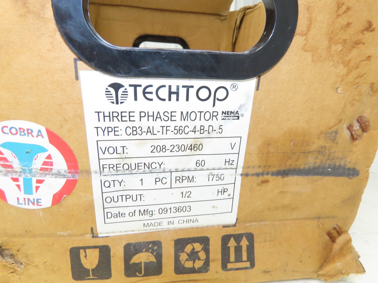TechTop CB3-AL-TF-56C-4-B-D-.5 AC Motor 0.5 Hp 1750RPM 208-230/460V 3PH 56C TEFC
