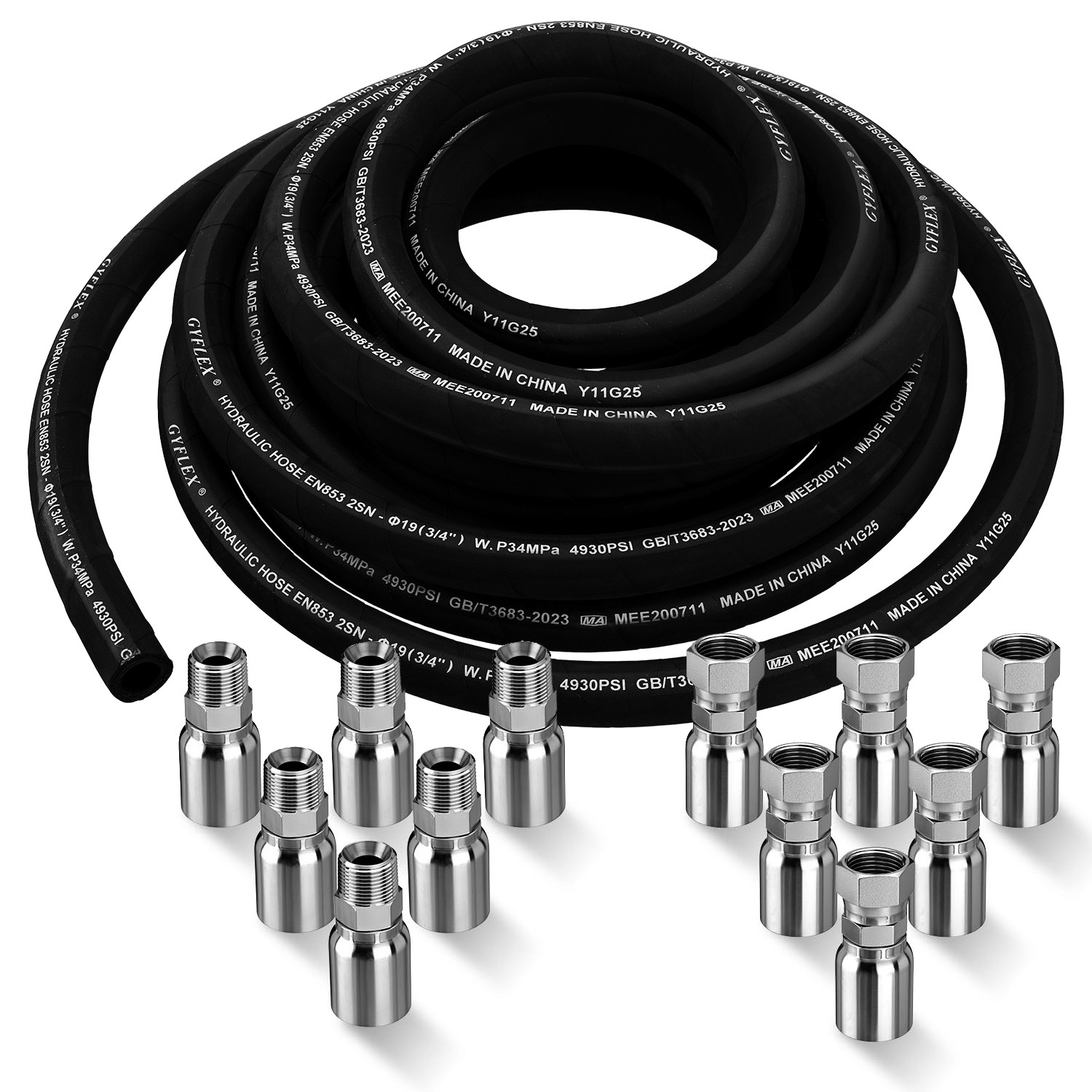 50FT 3/4″ Hydraulic Hose with 12PCS Hydraulic Hose Fittings W.P.34MPa / 4930PSI