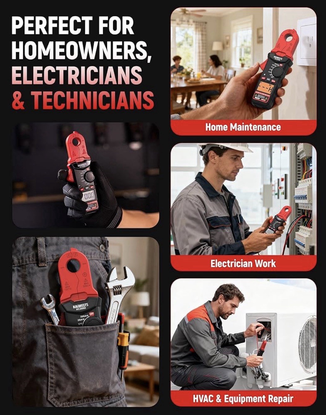 KAIWEETS KC200D 1000A True RMS AC/DC Clamp Meter Multimeter VFD LoZ Inrush NCV