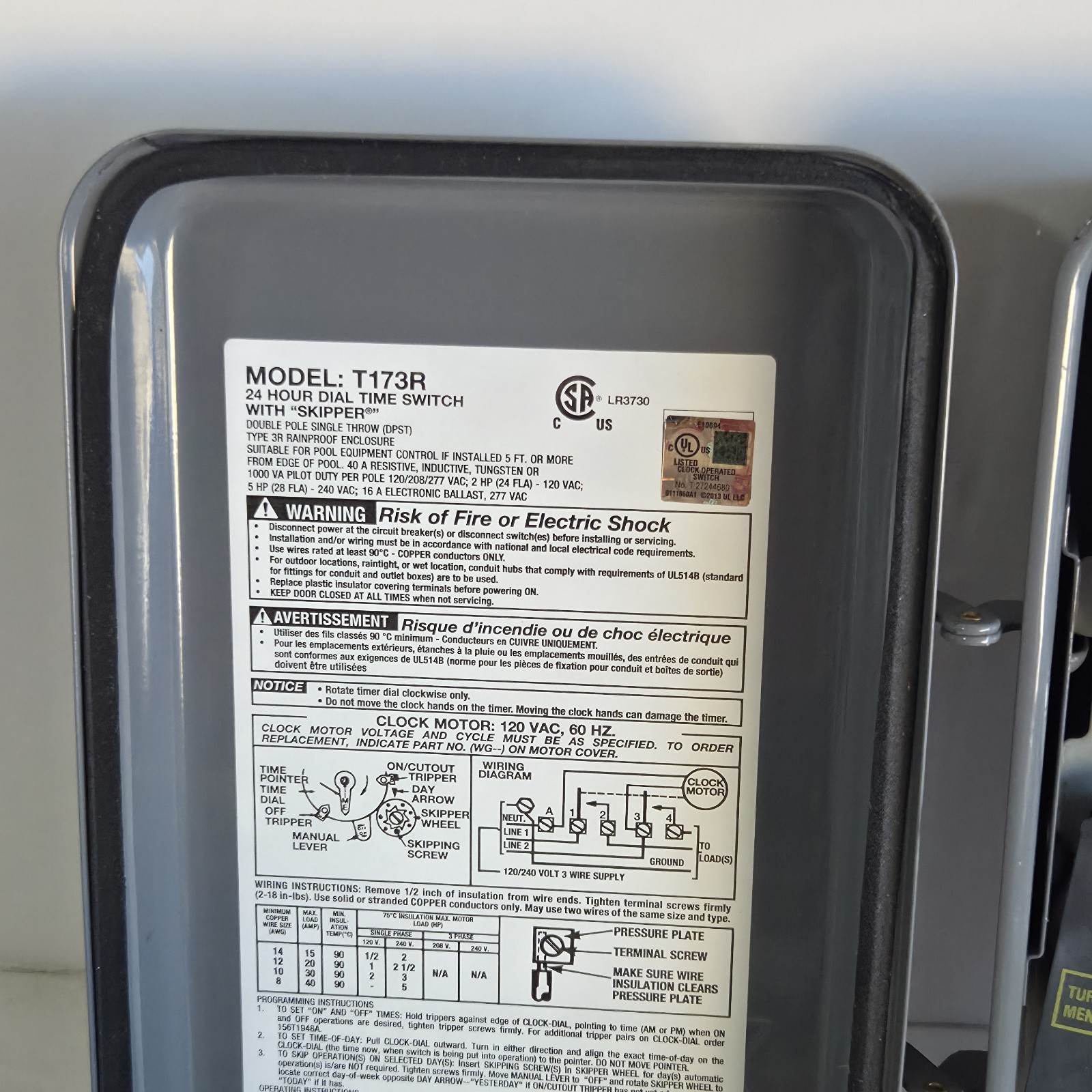 Intermatic 24 Hr Dial Time Switch w/ Skip Indoor Outdoor Case T173R Dbl UNUSED