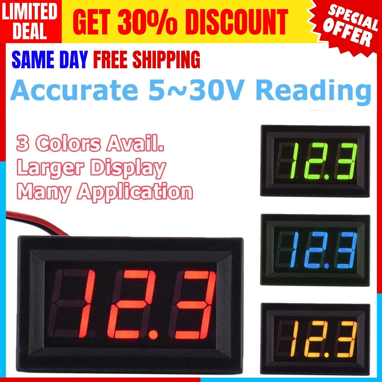 LED 12V ~ 24V Digital Display Voltmeter Car Motorcycle Voltage Gauge Panel Meter