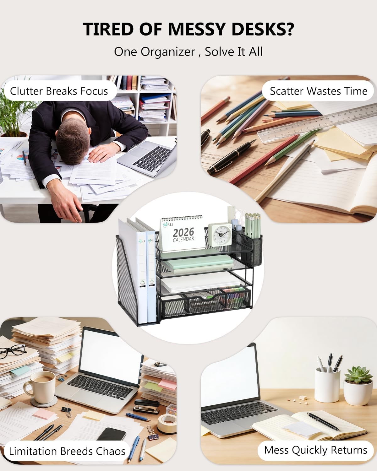 WALI 4-Tier Desk Organizer Black Metal Mesh with Drawer & Pen Holders