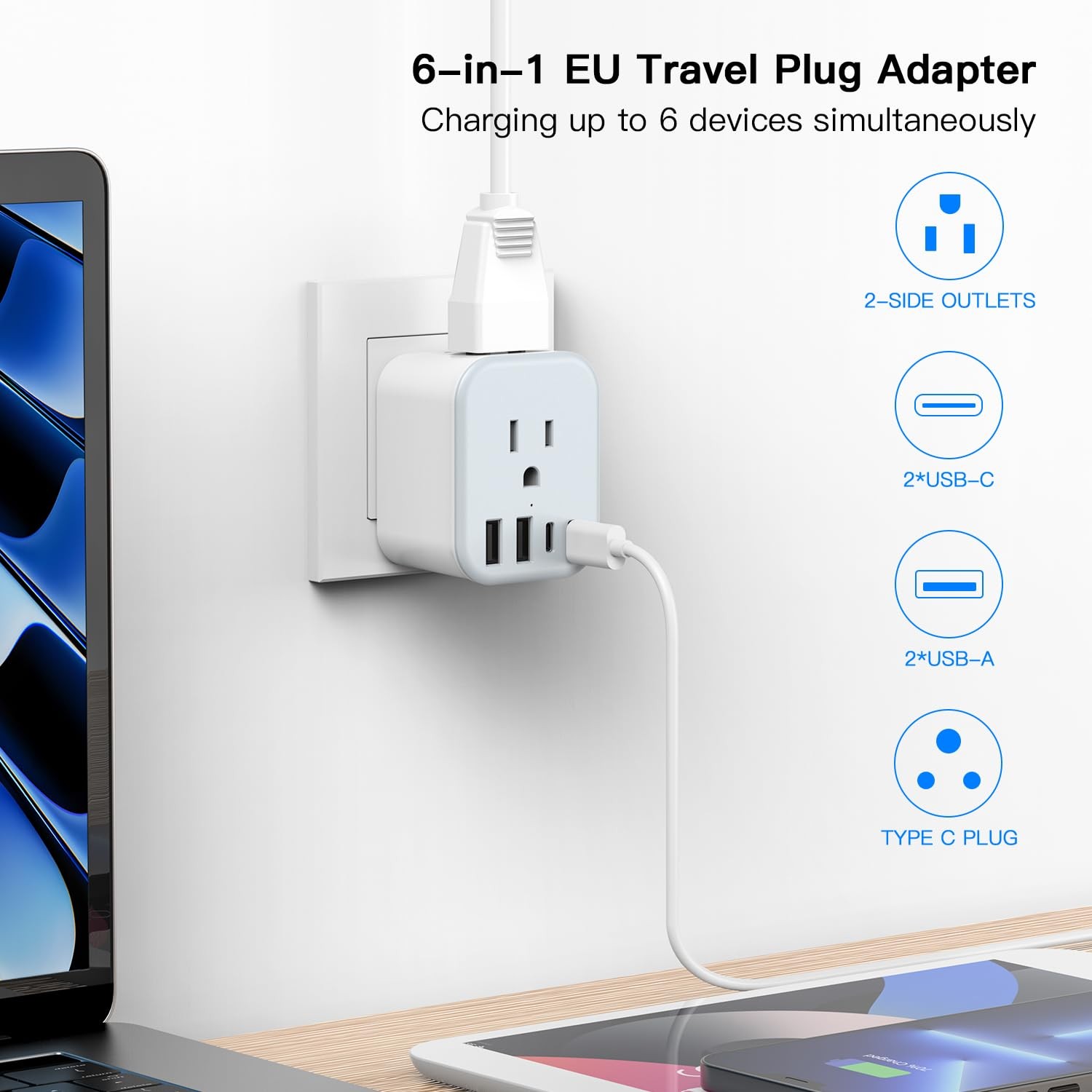 US to India Travel Plug Adapter, Foldable India Power Adapter with 4 USB(2 US