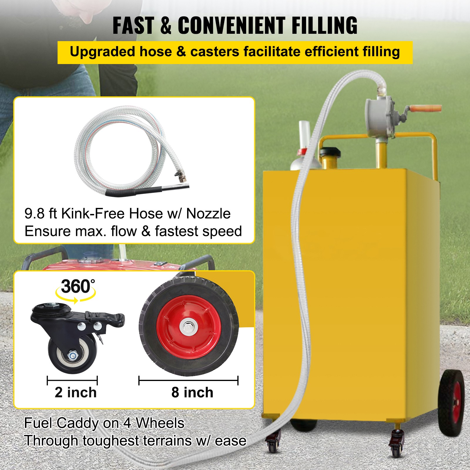 VEVOR Fuel Caddy Fuel Storage Tank 35 Gallon 4 Wheels with Manuel Pump Yellow