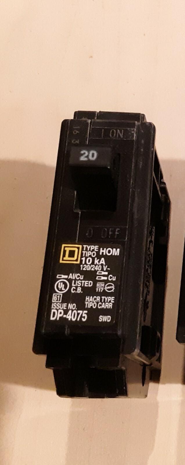 New open box individual Square D, Homeline, HOM120, 20 Amp Single Pole Breaker