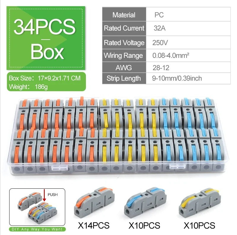 34pcs Boxed Lever Wire Connectors Electrical Splice Terminal Block Set – NEW