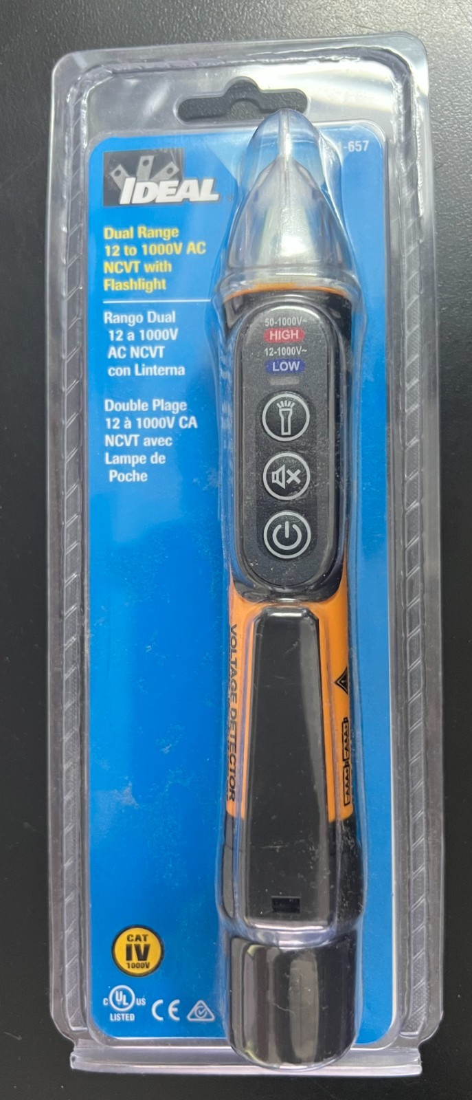 IDEAL 61-657 Dual Range 12-1000V AC Non-Contact Flashlight Tip Voltage Tester 63