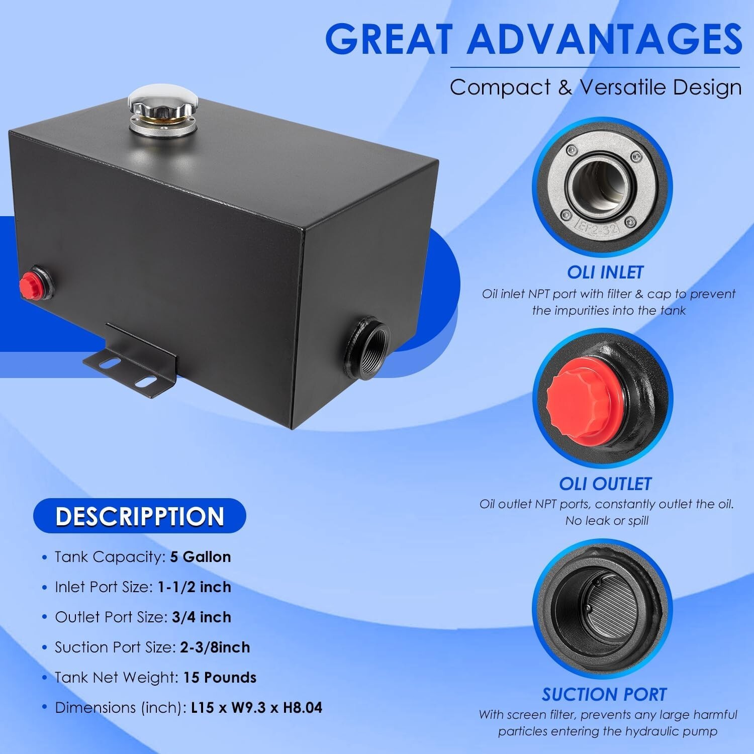 5 Gallon Hydraulic Fluid Reservoir Tank, Inlet 1-1/2″ & Outlet 3/4″ FNPT Port