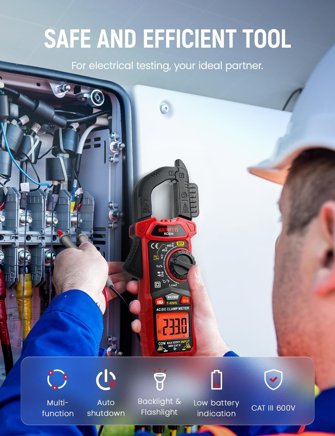 Battery Powered Clamp Meter for Voltage, Current, Temperature & NCV Detection