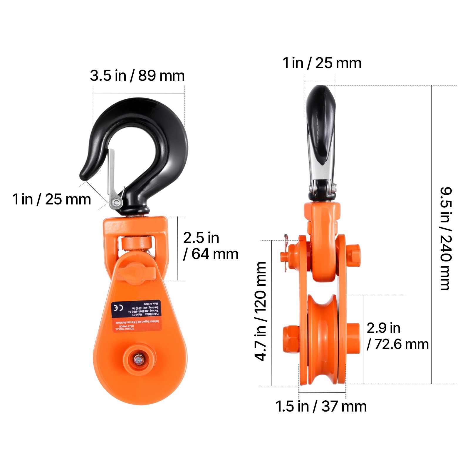 2 Ton Snatch Block with Swivel Hook 3″ Sheave 3/8″ Wire Rope Wrecker Rollback