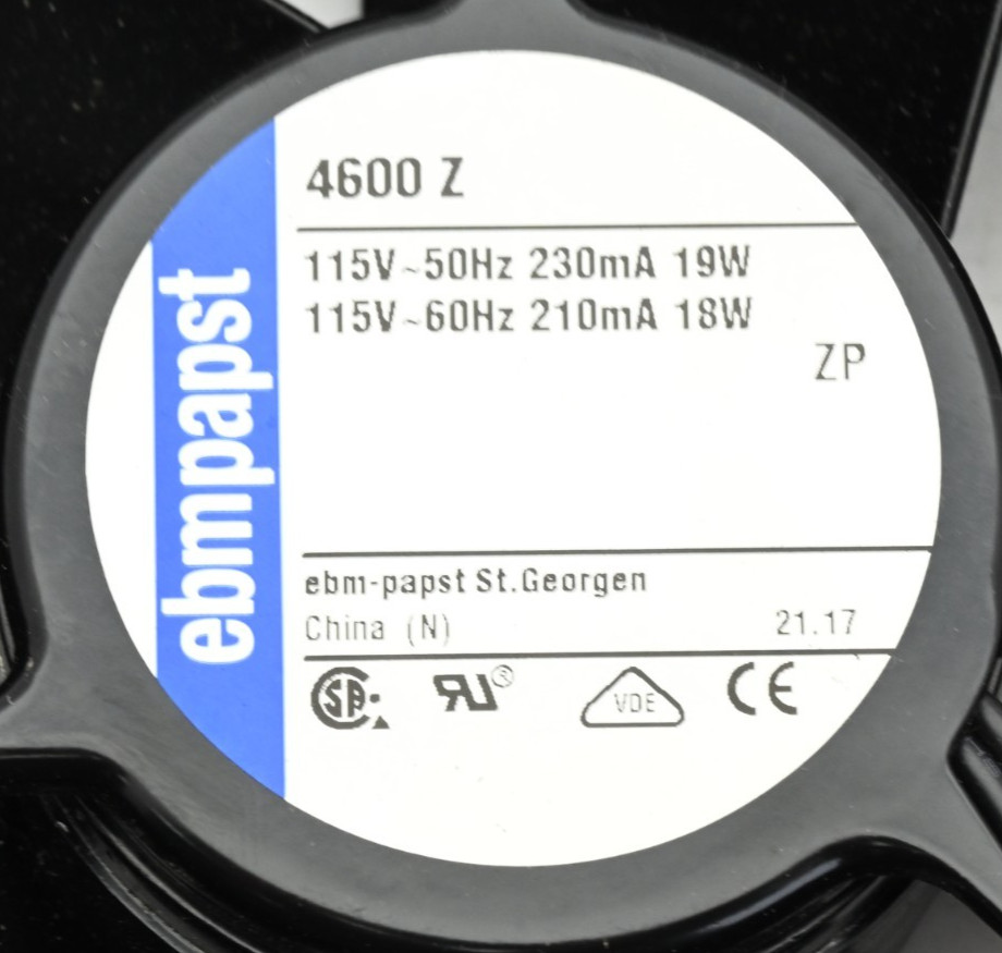EBM 4600Z Square Cooling Fan, 119MM SQ X 38MM DP 115VAC 45dBA, 3100RPM