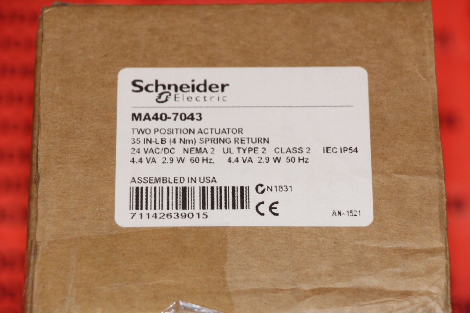 Schneider MA40-7043 Electric Actuator SR 35 in-lb 2-Position 24VAC/DC New