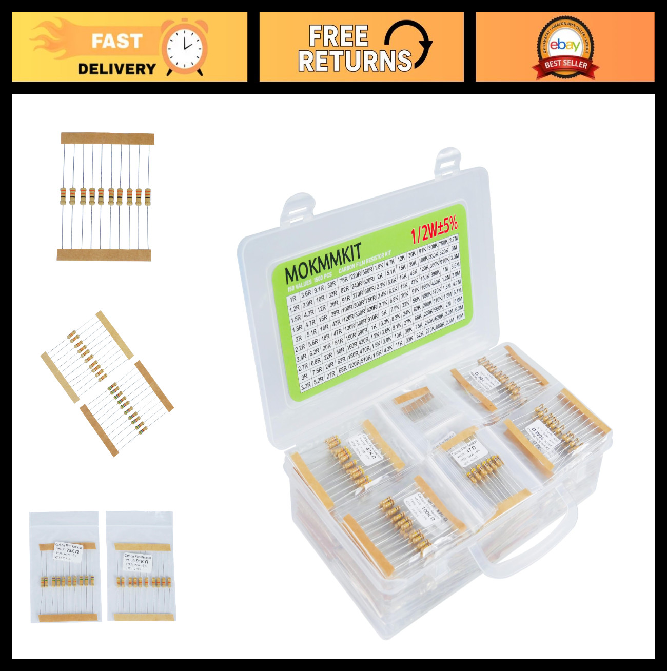 1500-Piece Resistor Kit – 1 Ohm to 10M Ohm, 1/2W 5% Carbon Film Assortment