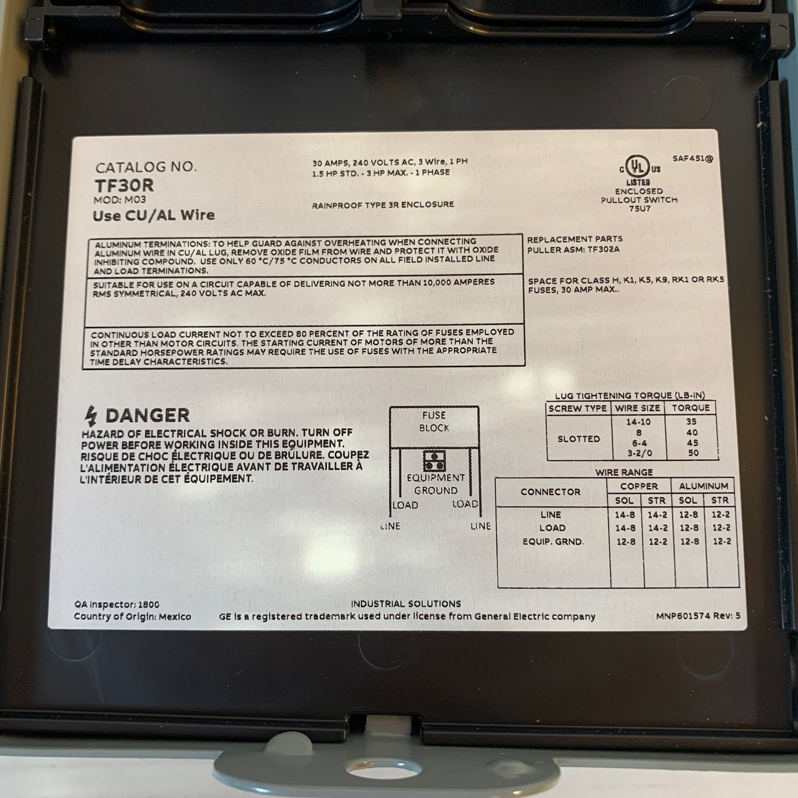 Genuine GE Air Conditioner Disconnect TF30RCP 30 Amps Fusible NEW Boxed