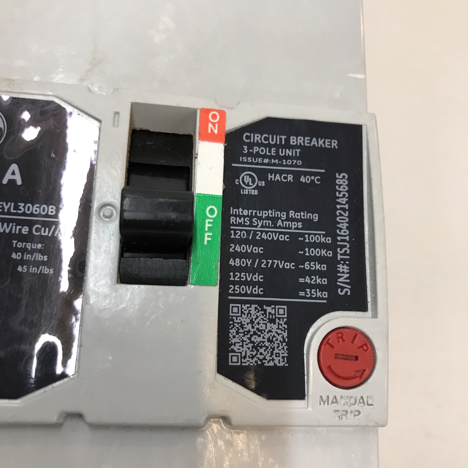 G.E. TEYL3060B CIRCUIT BREAKER 60A 3P 480V