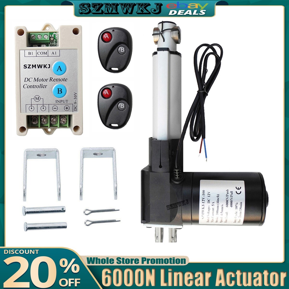 6000N 4″ DC 12V Linear Actuator 1320lbs Lift Electric Motor W/ Remote Controller
