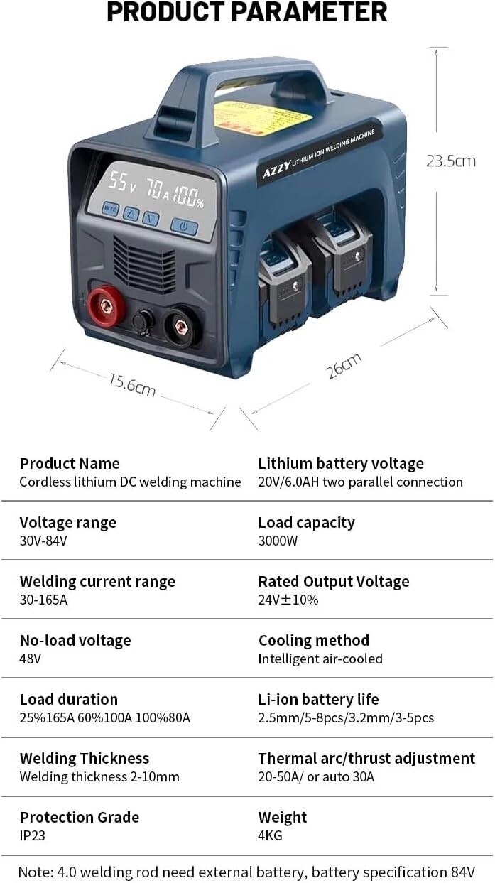 Azzy Lithium Battery Powered 165 amp Stick Welder IGBT LCD Digital Display 9lb