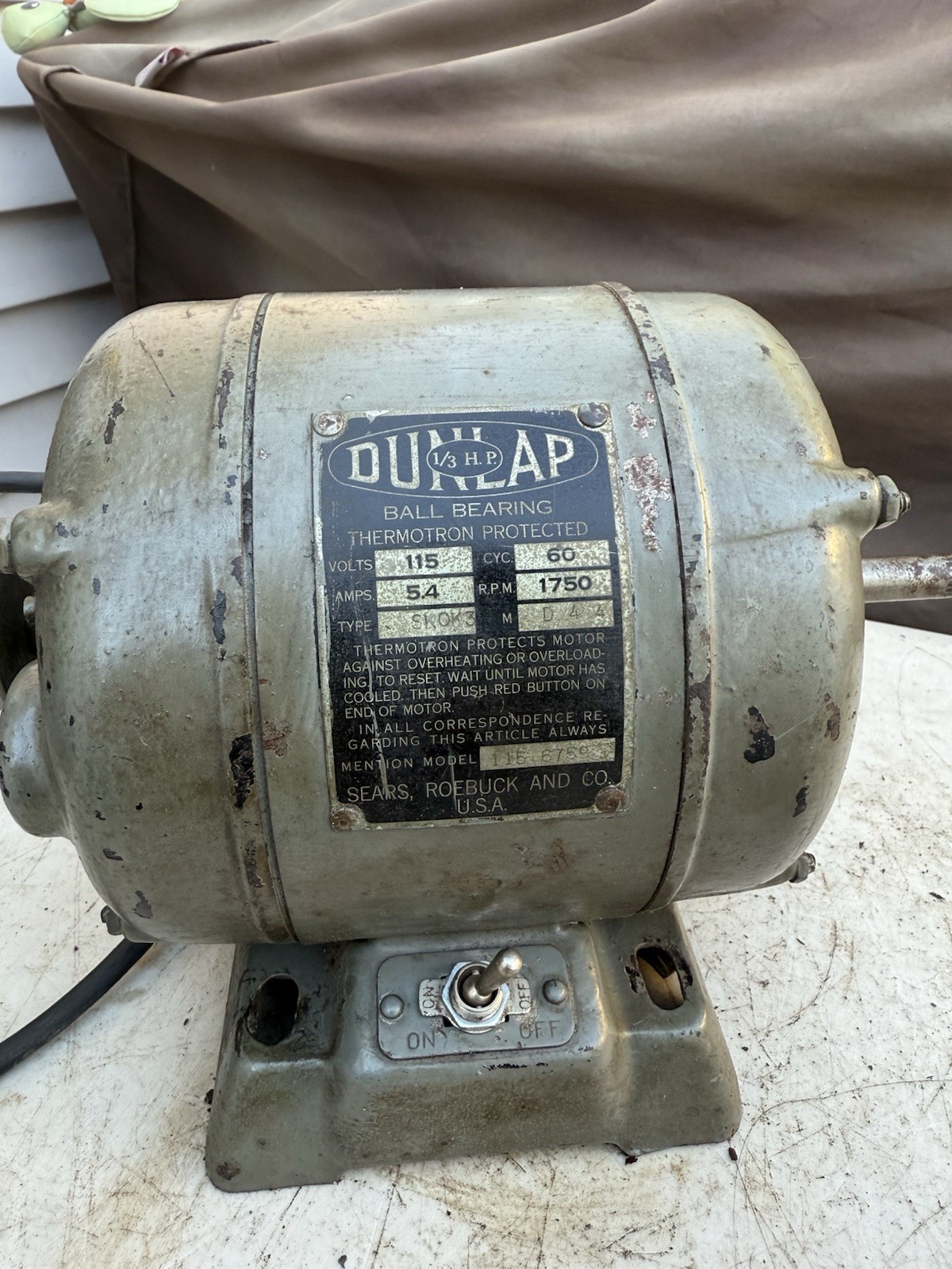 Dunlap 1/3 Hp Electric Motor 1750 RPM 115V 5.4 AMP Model 115.6759 Working Great