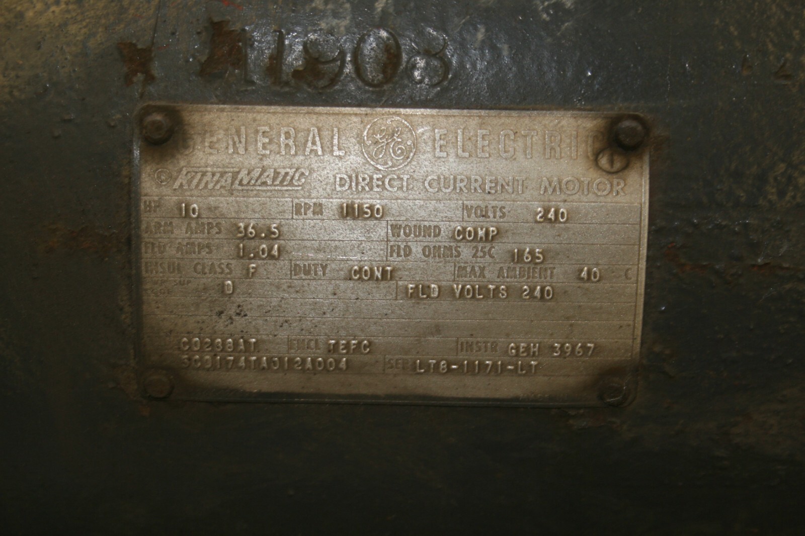 General Electric Kinamatic Direct Current Motor 10HP C0238AT 1150RPM 240V