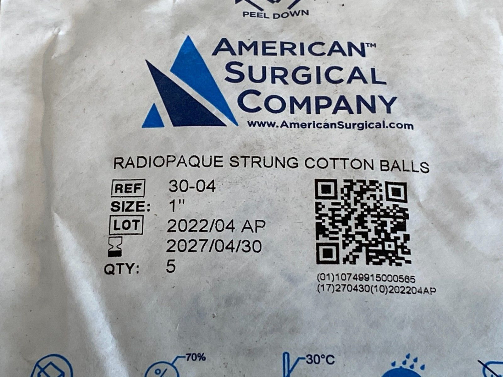 A24: 23 Packs (5/Pack) American Surgical 30-04 Cotton Balls Exp. Date 04-2027