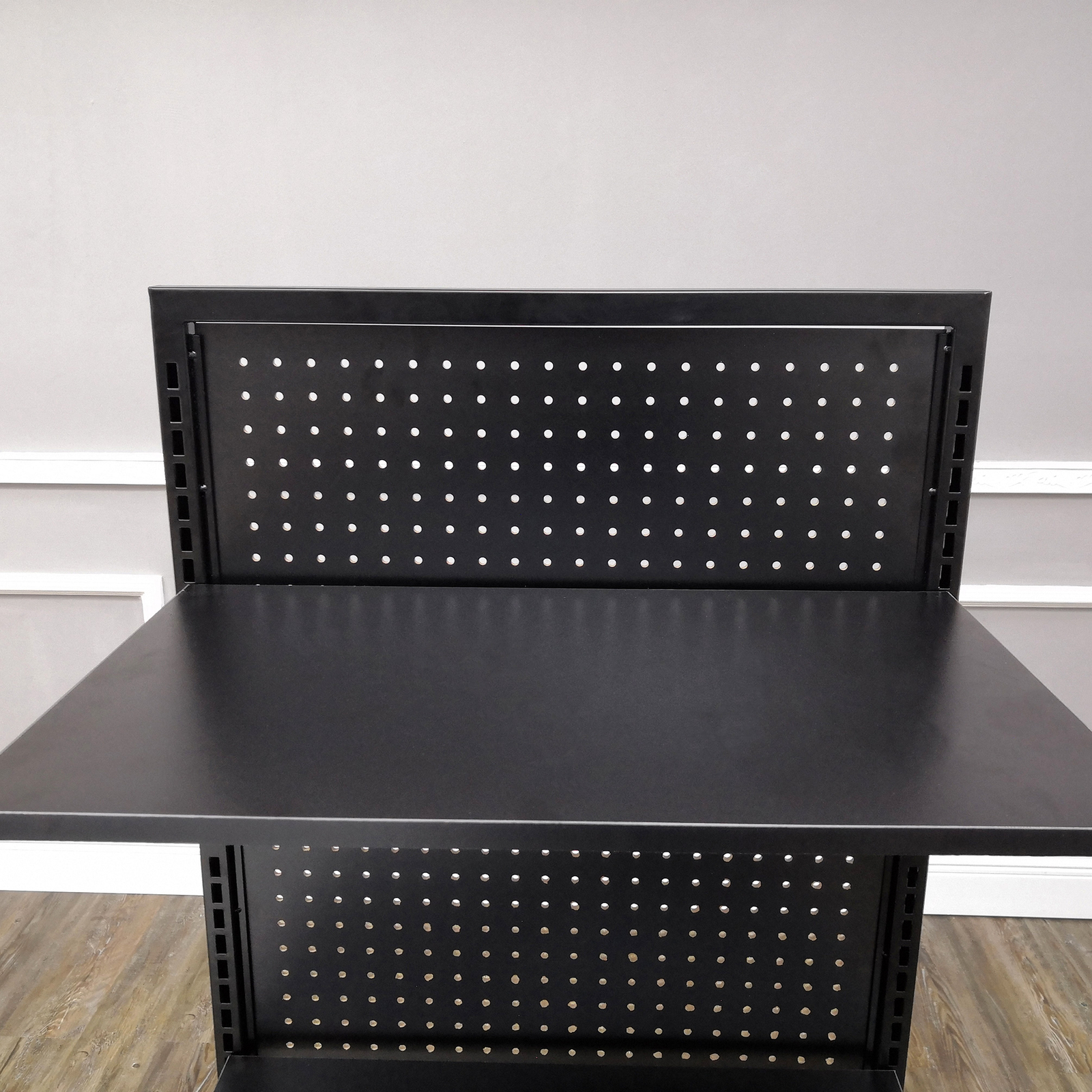 24.0″ Wide Gondola Rack Stand with Two Shelves Black Pegboard Display