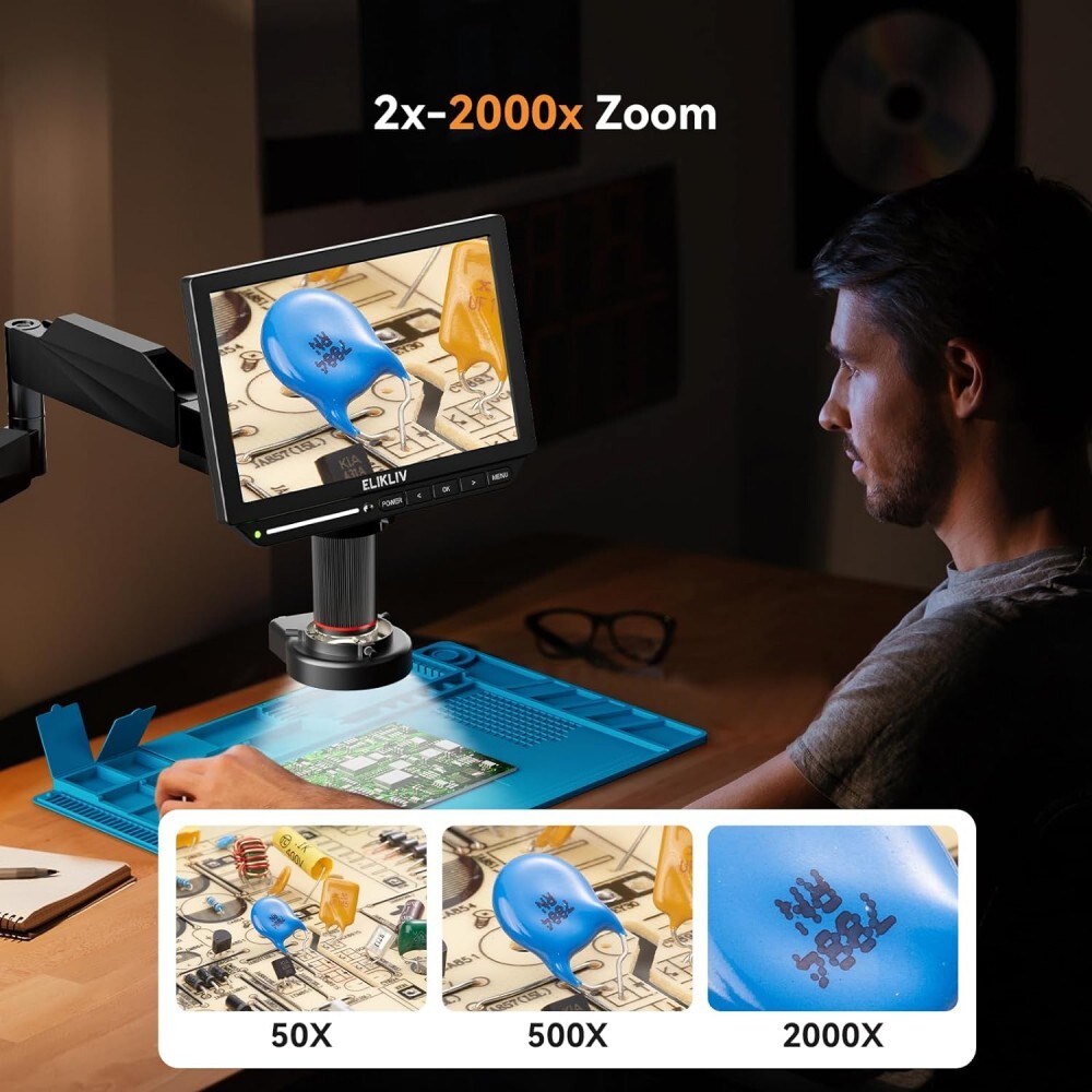 Elikliv 4K Soldering Digital Microscope 2000X Flexible Arm Stand 10.1″ 52MP 64GB