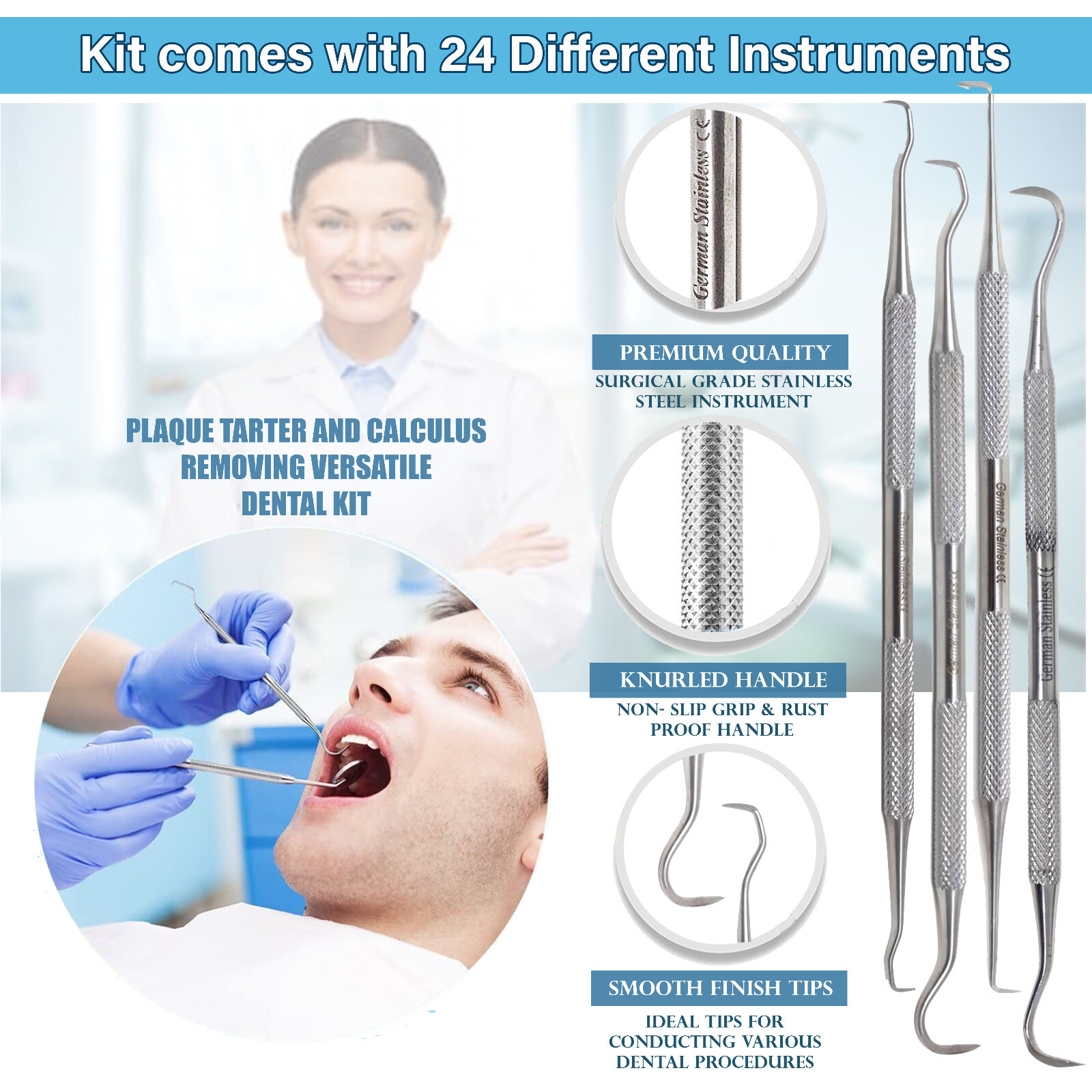GERMAN 24x Dental Tools Set Dentist Teeth Clean Plaque&tarter Remove Probe Picks