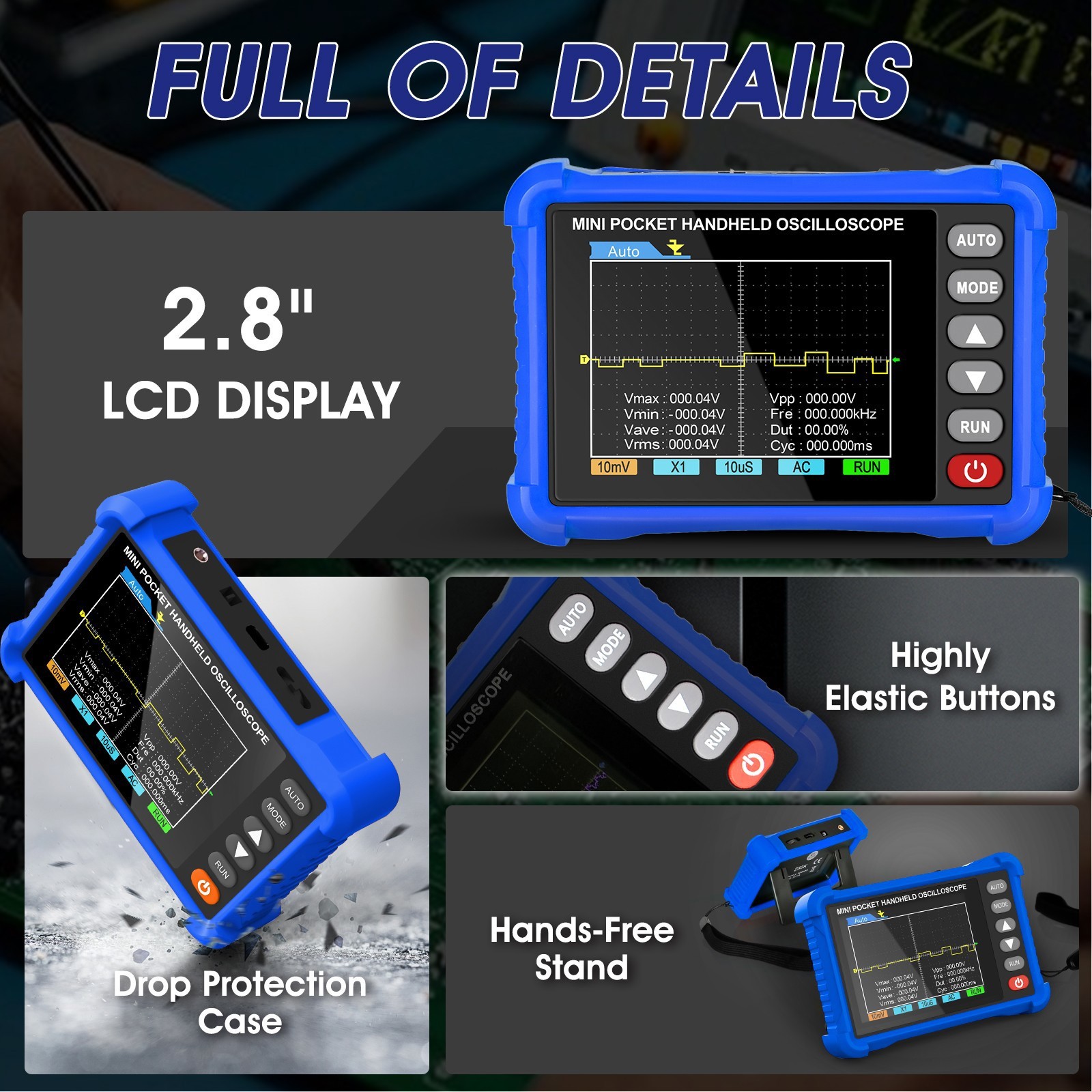 Handheld Multifunctional Digital oscilloscope 500kHz 2.5MS/s 2.8″ HD LCD
