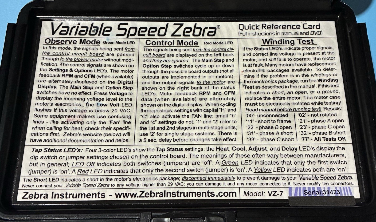 Zebra Instruments: Variable Speed Zebra Model VZ-7
