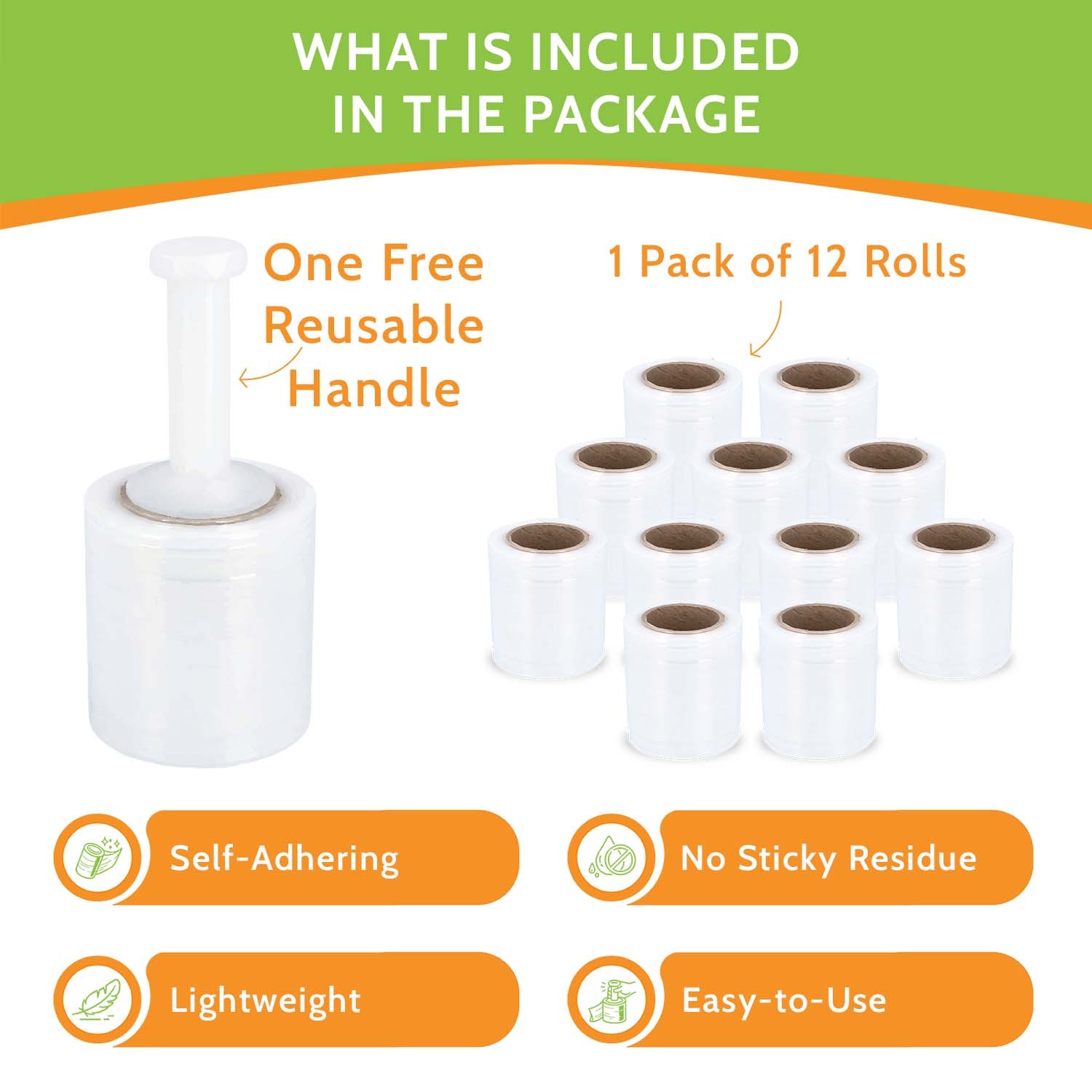 Mini Stretch Wrap Shrink Film, 12 Rolls, 5″x1000′, 50 Gauge, with Plastic Handle