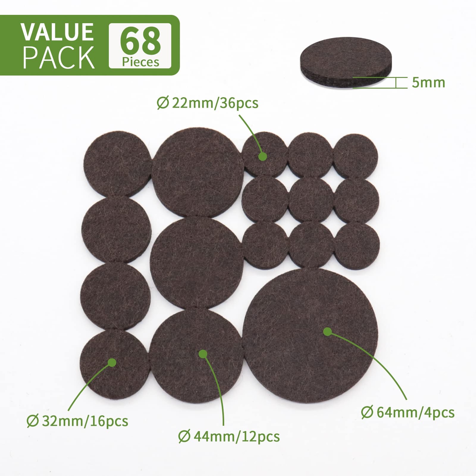 COVERCORNER Felt Furniture Pads 68PCS Value Pack Round Dark Brown, Brown