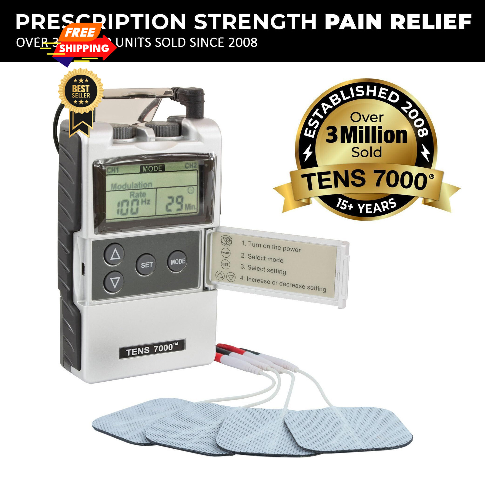 TENS 7000 Digital Unit with Accessories – Muscle Stimulator Black