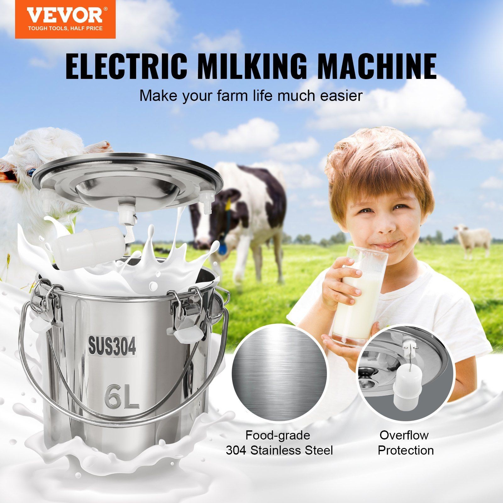 6L Electric Pulse Milker for Goats, 45-50kPa Vacuum, Silicone Cups