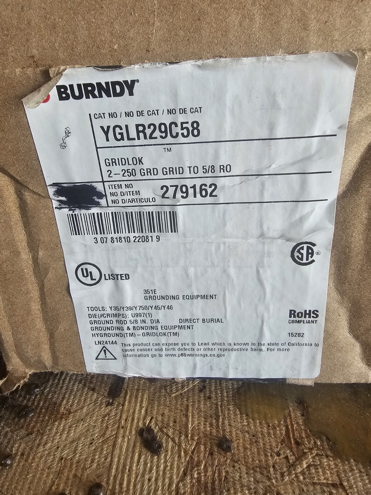 Burndy YGLR29C58 Copper Compression Ground Rod Connector,