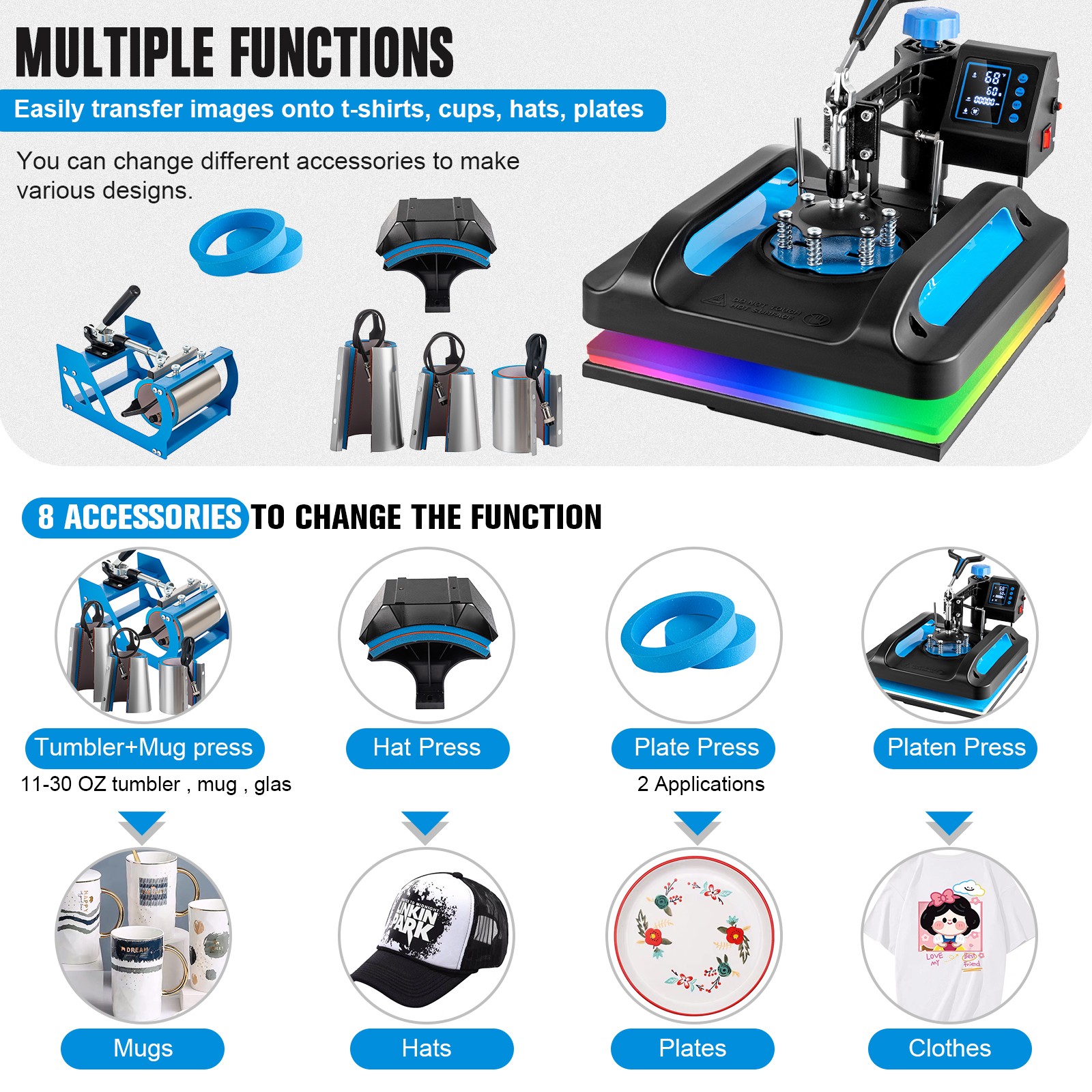 8 in 1 Heat Press Machine 15″x12″ Sublimation Printing For T-Shirt Mug Hat Plate