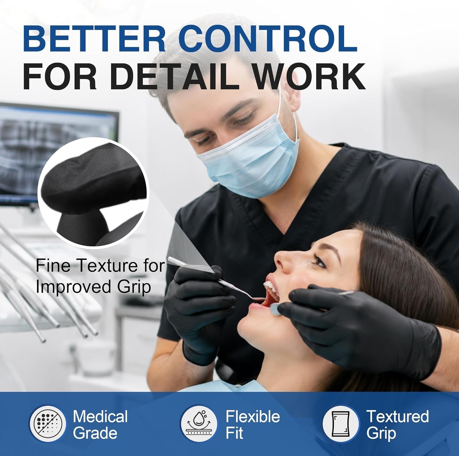 Durable 4 Mil Black Nitrile Exam Gloves – Elastic Fit & Textured Grip, 100 Count
