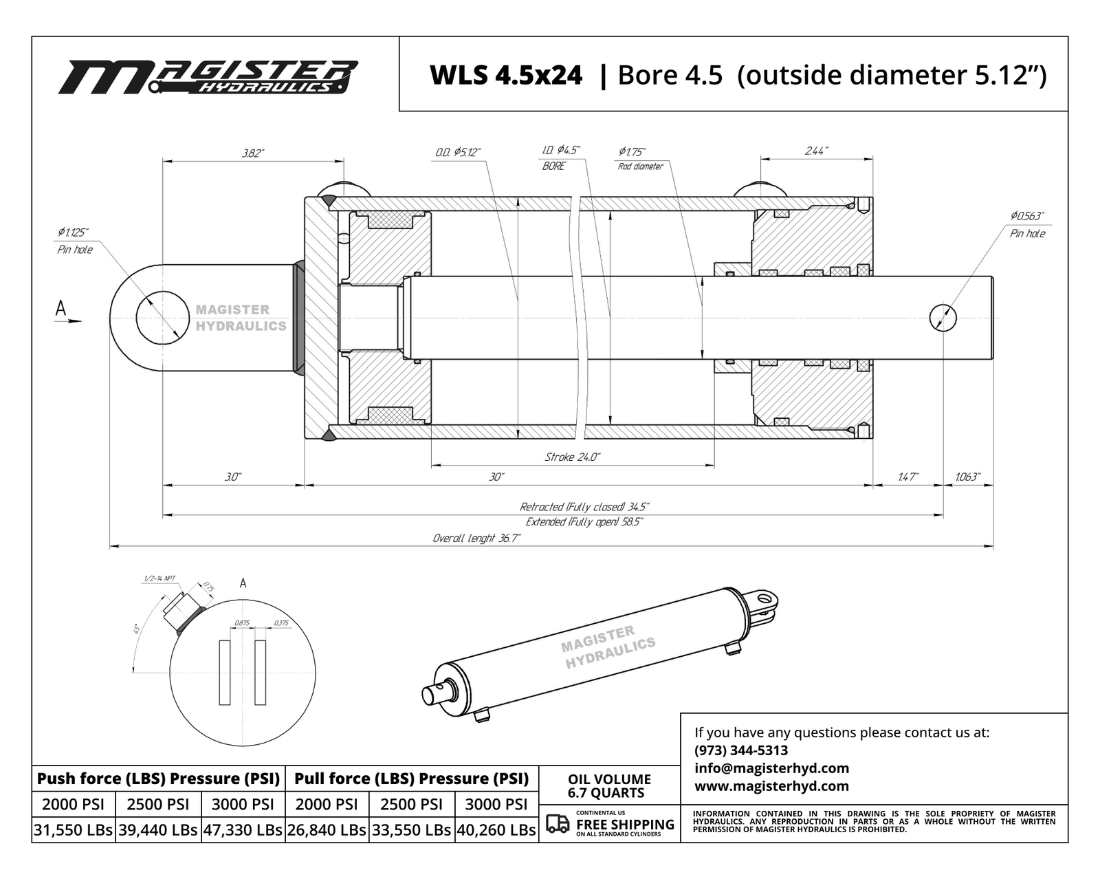 Hydraulic Cylinder Welded Double Acting 4.5″ Bore 24″ For Log Splitter 4.5×24