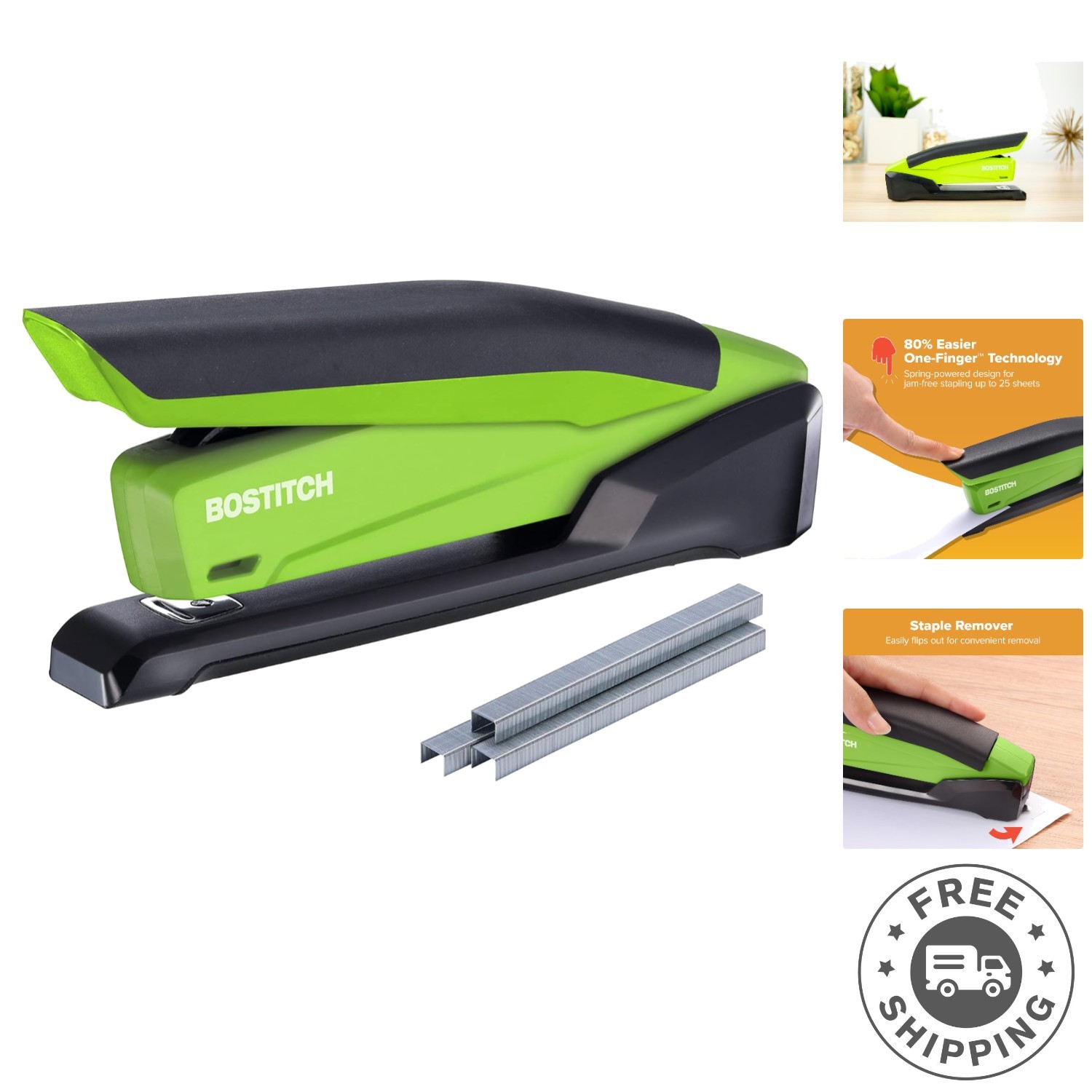 Bostitch InPower Jam-Free Stapler – One Finger, 20 Sheet Capacity, Green