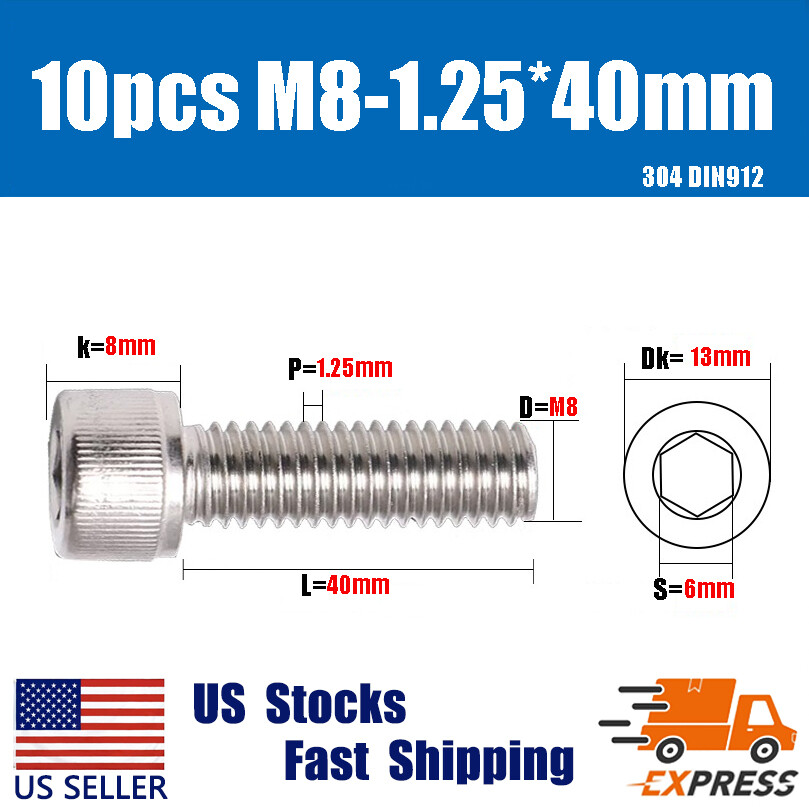 10PCS New M8 X 40mm 304 Stainless Steel Allen Hex Socket Cap Head Screws DIN912