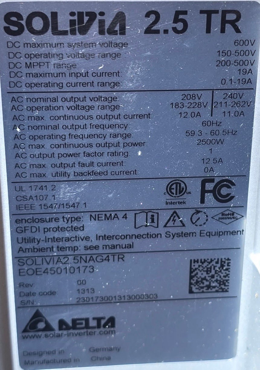 Delta SOLIVIA 2.5 TR 2500W Grid-Tied Solar Inverter NEMA 4 New OEM