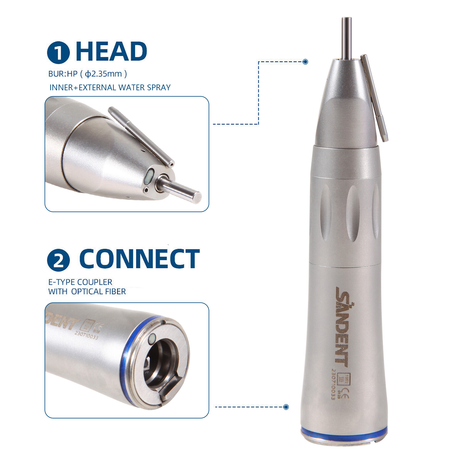 Dental Surgical Straight Handpiece 1:1 Implant Cone Nose Fiber Optic SANDENT