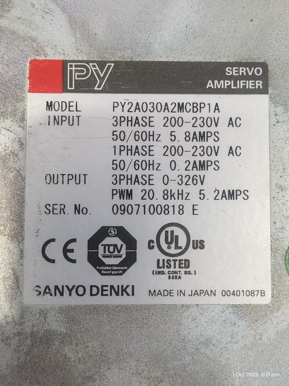 Sanyo Denki PY2A030A2MCBP1A SERVO EMPLIFIER free shipping