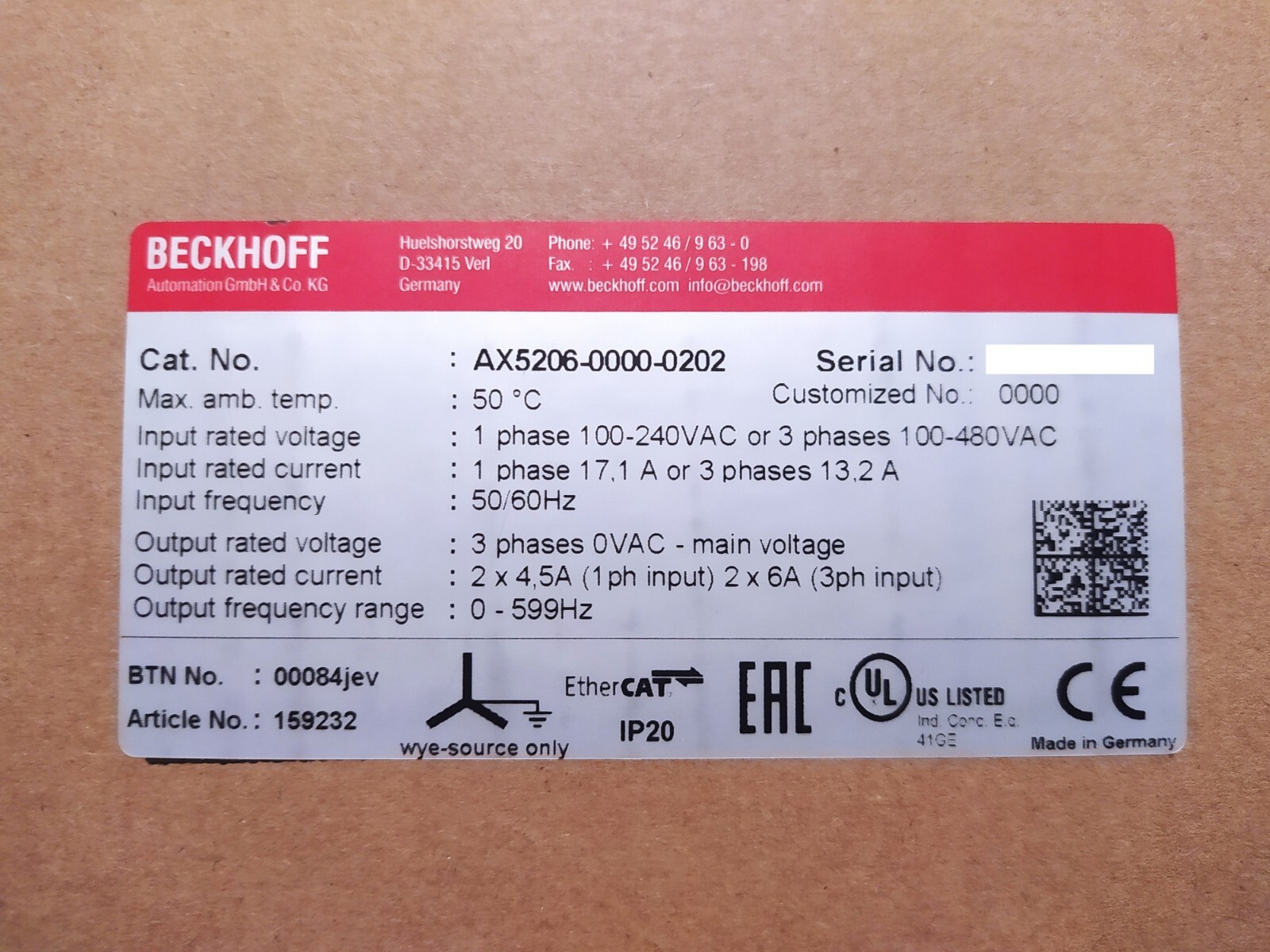 BECKHOFF AX5206-0000-0202 SERVO AMPLIFIER [NEW]