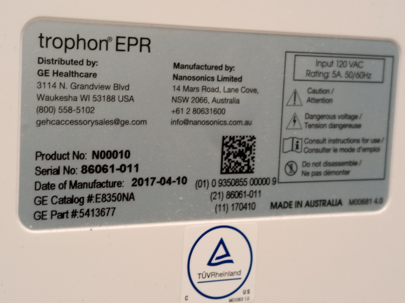 GE Healthcare Nanosonics Trophon EPR High Level Disinfection Device N00010, 120V