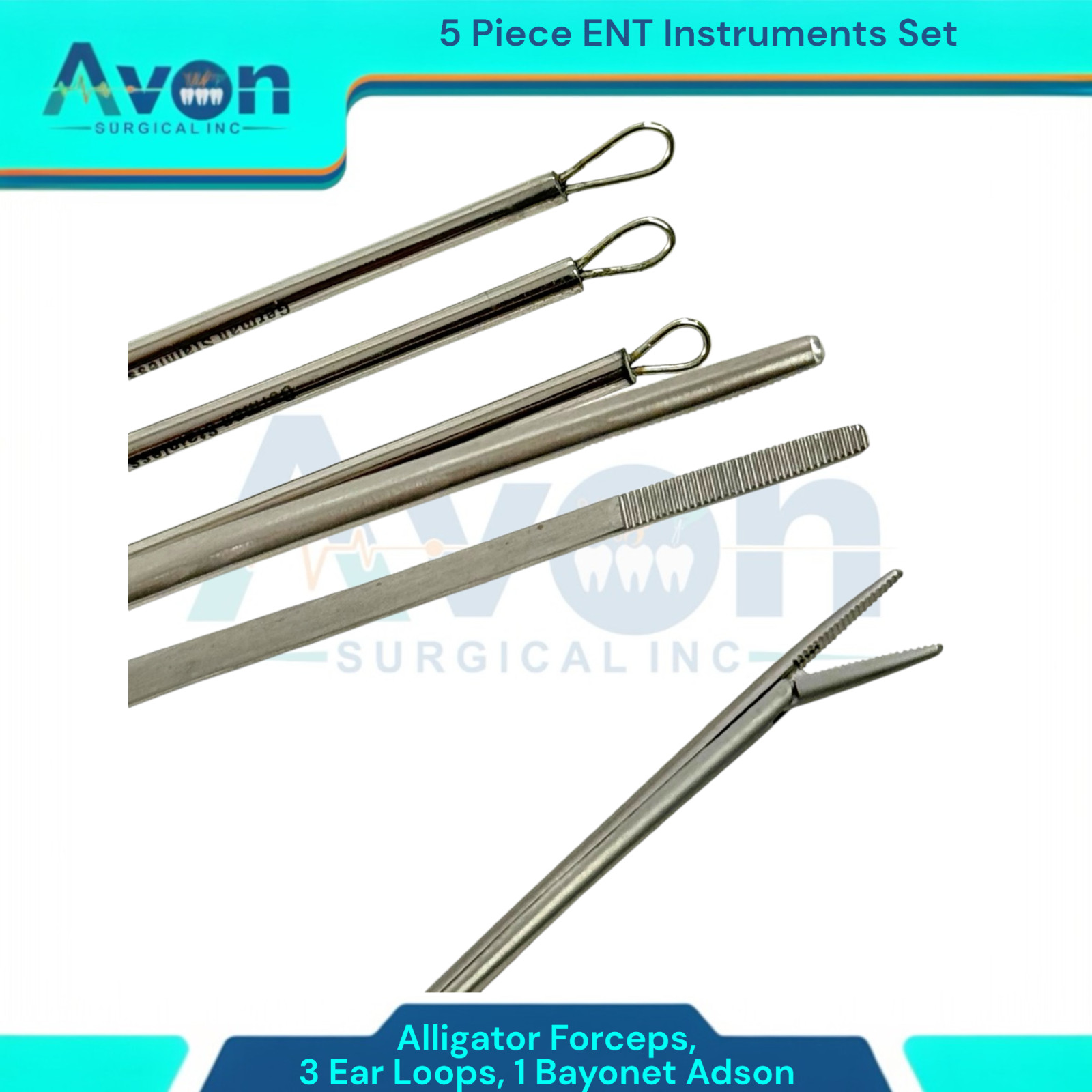 Ear Wax & Foreign Object Removal Kit-Alligator Forceps, Bayonet Adson, Ear Loops