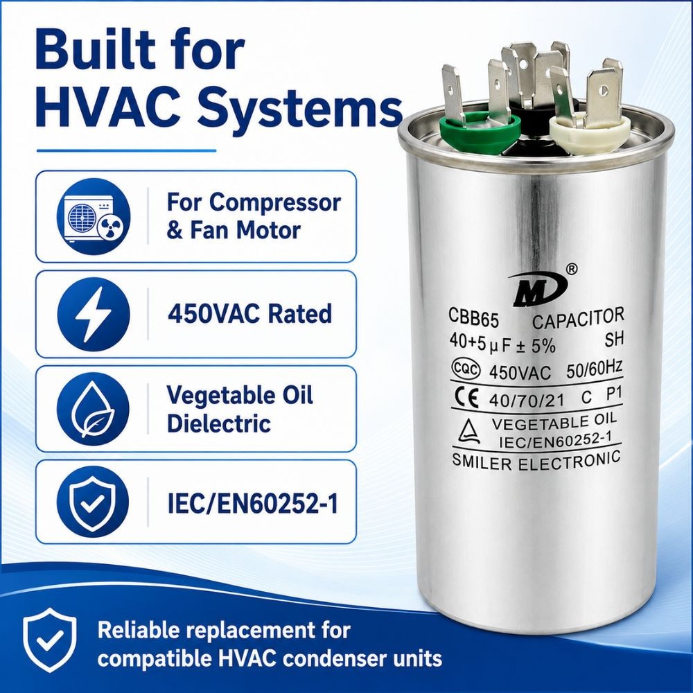6 Pk – Air Conditioner Capacitor 40+5 uF (MFD) 370 or 440 VAC Dual Run Capacitor