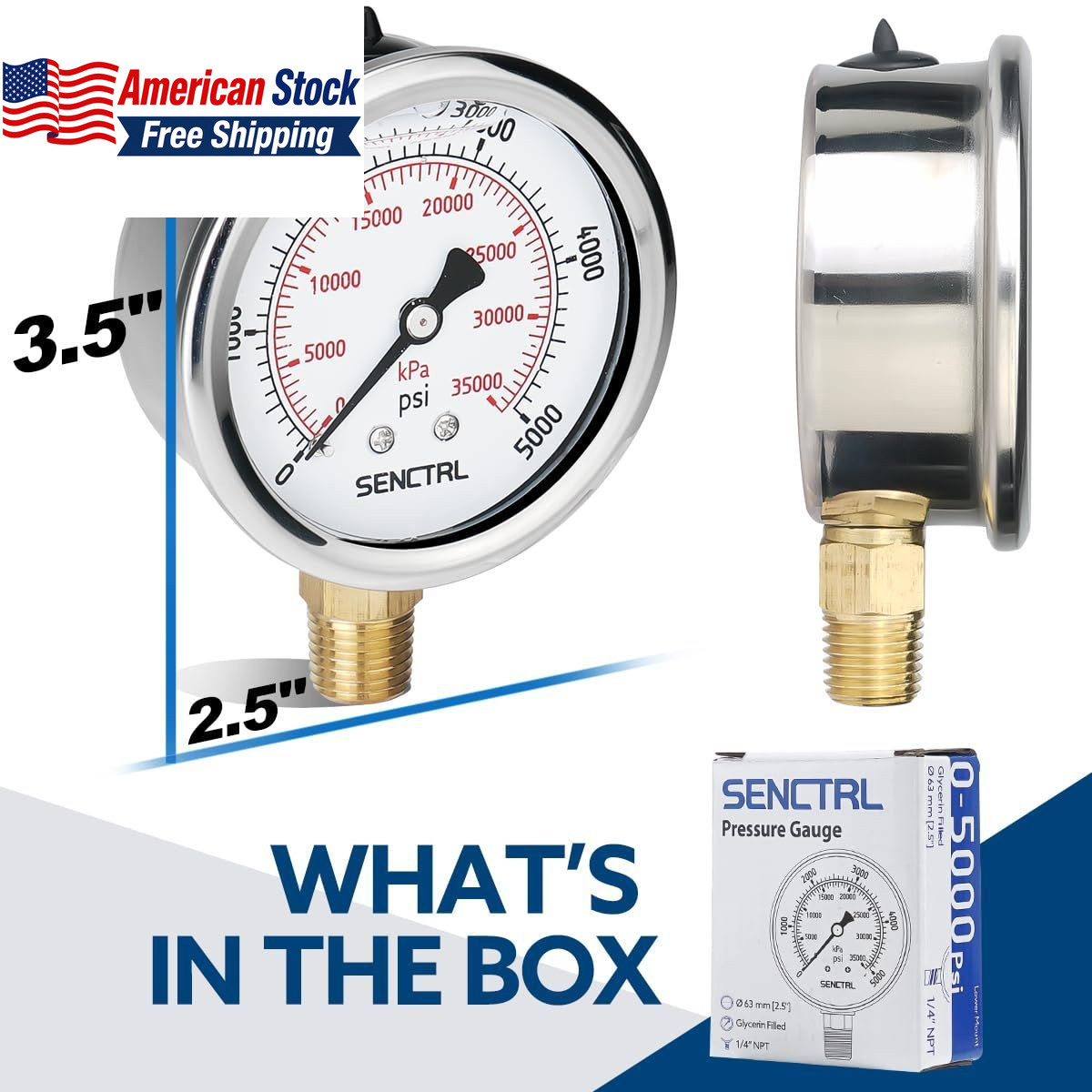 5000 PSI Liquid Filled Pressure Gauge 2.5in 1/4in NPT Stainless FROM USA